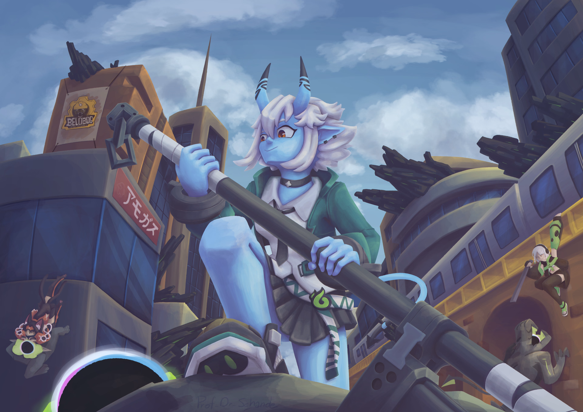 Fanart of the game Zenless Zone Zero, featuring characters like Soukaku in the front and Abby and Nekomata in the background.