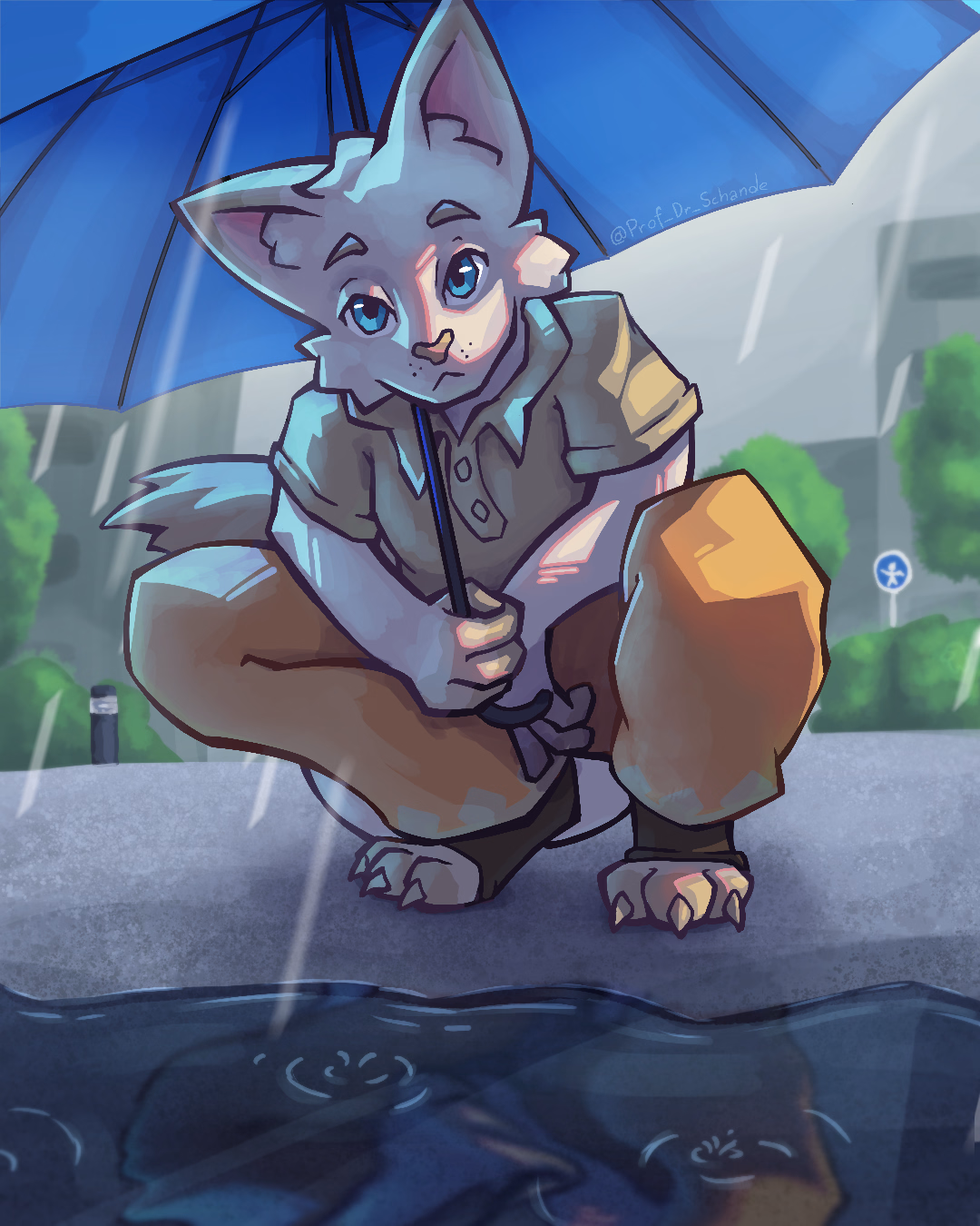 My self-insert character looking down at the viewer, while squtting with an umbrella on a rainy day.
